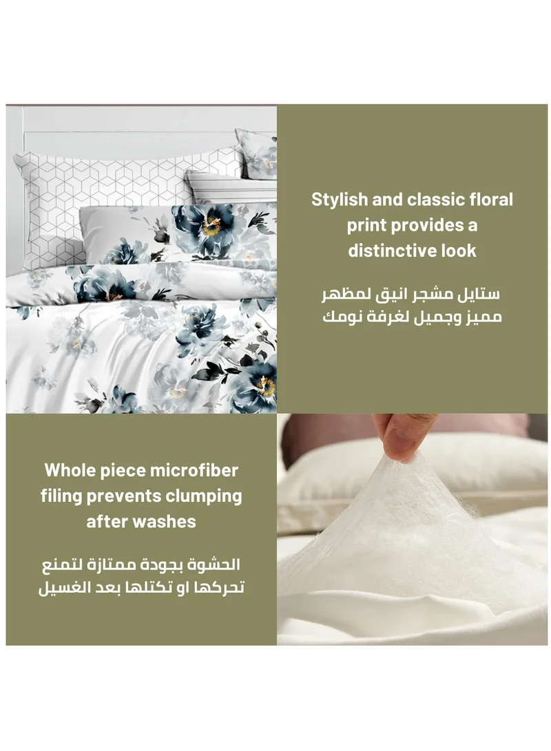 Donetella Printed Comforter Set 4-Pcs Single Size Bed Fits 140 x 200 Cm All Season Decorated Reversible Single Bed Comforter Set With Super-Soft Down Alterntaive Filing,Silver