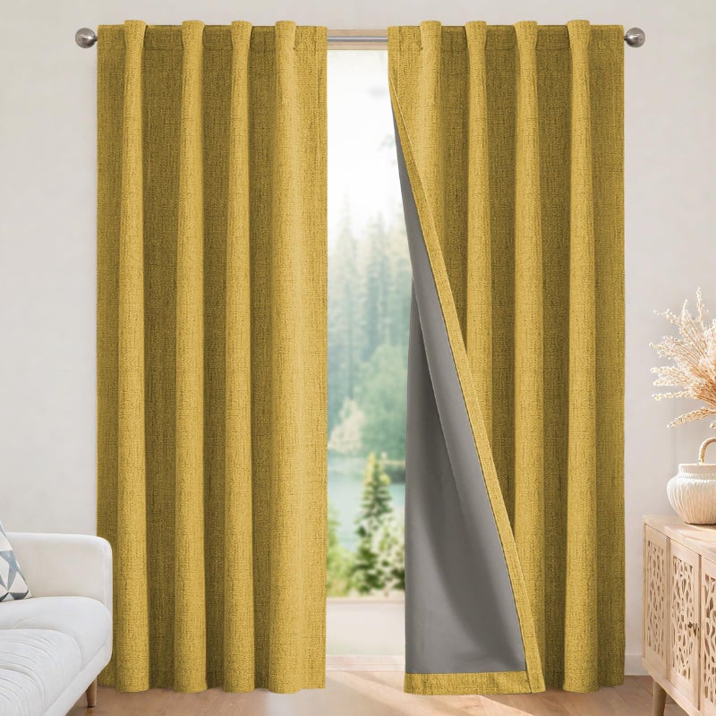 Joydeco Blackout Curtains for Bedroom - 96 Inch Long 100% Light Blocking 2 Panels Set Yellow Drapes  Thermal Insulated Room Darkening Curtains  Linen Textured for Living Room  Rod Pocket & Back Tabs - Image 1