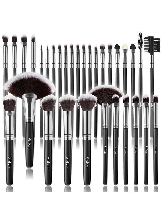 SOLVE Makeup Brush Set, SOLVE 32 Pieces Professional Makeup Brushes Wooden Handle Cosmetics Brushes Foundation Concealer Powder Face Eye Make up Brushes Kit, Black - Image 1