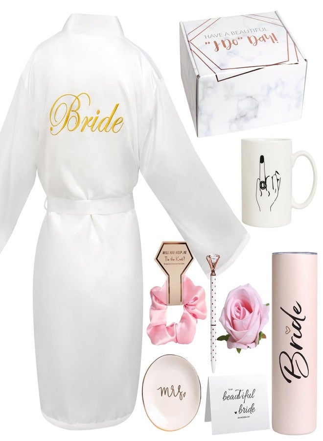 Frerdui 8Pcs Bridal Shower Gift, Bride to Be Gifts, Bridal Shower Gifts for Bride to Be, Gift Box Sets Bridal Silk Robes Tumbler Cup Mug Jewelry Tray, Wedding Engagement Gift for her(M) - Image 1