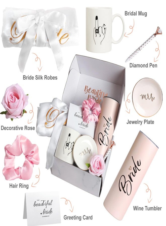 Frerdui 8Pcs Bridal Shower Gift, Bride to Be Gifts, Bridal Shower Gifts for Bride to Be, Gift Box Sets Bridal Silk Robes Tumbler Cup Mug Jewelry Tray, Wedding Engagement Gift for her(M) - Image 2