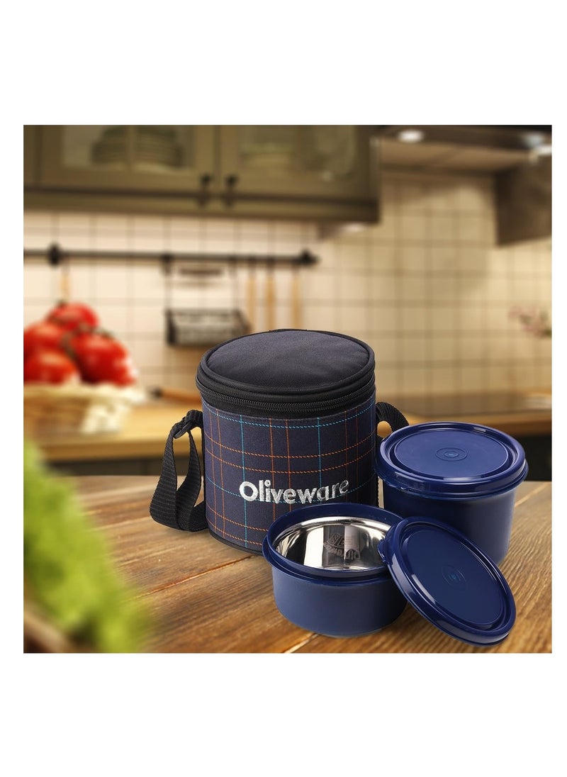 oliveware - Cleo Microwave Safe Leak Proof 2 Stainless Steel Full Meal Containers with Insulated Fabric Bag (Blue) - Image 1