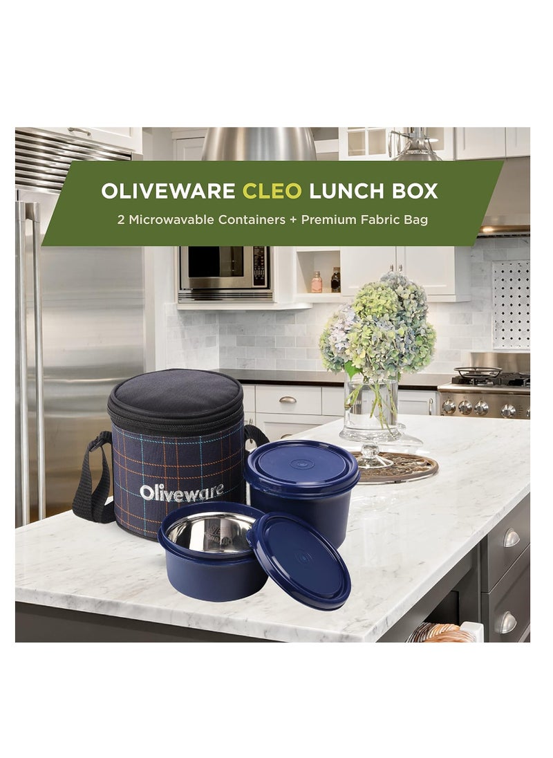 oliveware - Cleo Microwave Safe Leak Proof 2 Stainless Steel Full Meal Containers with Insulated Fabric Bag (Blue) - Image 1