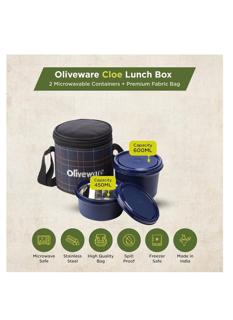 oliveware - Cleo Microwave Safe Leak Proof 2 Stainless Steel Full Meal Containers with Insulated Fabric Bag (Blue) - Image 1