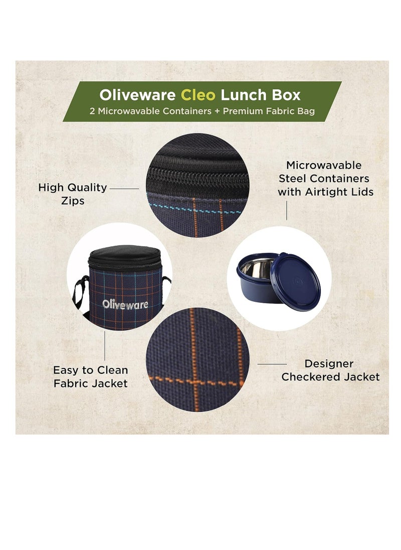 oliveware - Cleo Microwave Safe Leak Proof 2 Stainless Steel Full Meal Containers with Insulated Fabric Bag (Blue) - Image 1