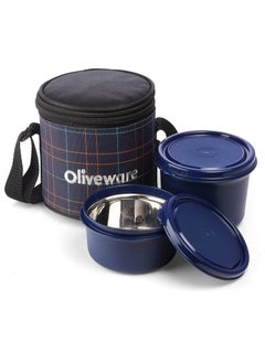 oliveware Cleo Microwave Safe Leak Proof 2 Stainless Steel Full Meal Containers with Insulated Fabric Bag (Blue)  - Image 1