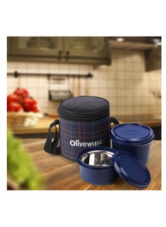 oliveware Cleo Microwave Safe Leak Proof 2 Stainless Steel Full Meal Containers with Insulated Fabric Bag (Blue)  - Image 3