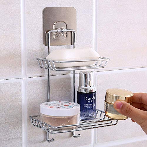 SEMITO Hand Soap Dish Holders with Hangers for Bathroom Shower Bar Kitchen Sponge Wall Mounted Stainless Steel - Adhesive No Drilling Silver Pack of 1 - Image 1