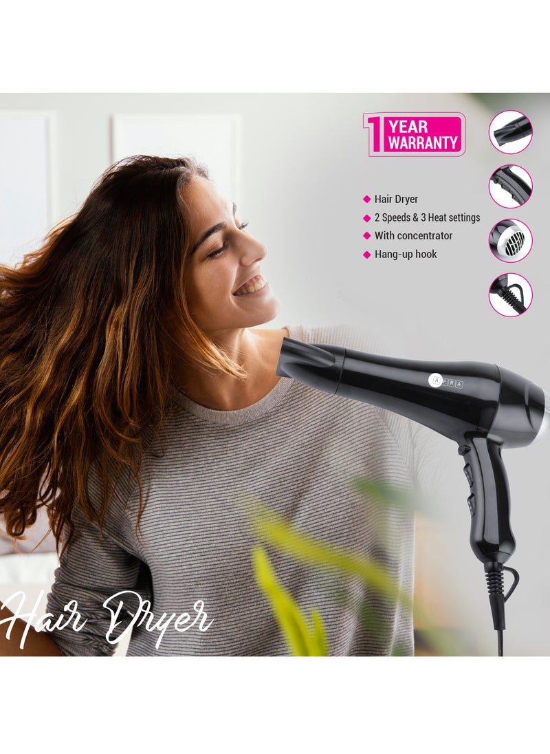 Hair Dryer With 2 Speed & 3 Heat Seating With Removable End Cap & Easy Clean, 2300w, Cool Shot Function With Concentrator, AF-2309HDBK, 1 Year Warranty