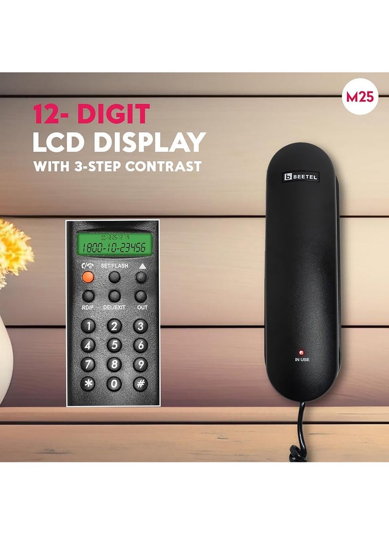 Beetel - Beetel Newly launched M25 Ultra Compact Caller ID Slim Line Landline,Numeric Display, Desk/Wall Mounted,12 Digit LCD,Speaker Phone,FSK/DTMF Compatible,Ringer Volume Control,LED Indication (Black M25) - Image 1