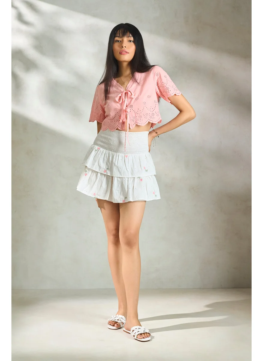 Virgio Virgio Embroidered Pure Cotton Layered A-Line Mini Skirt With Smocked Waist
