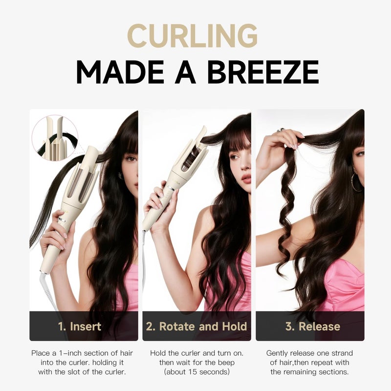 TSUYAGLA 3 in 1 Automatic Curling Iron, Hair Curlers with 3 Curling Barrels (1" - 1.25" - 1.5"), Rotating Curling Iron with 3 Temp, 2-Way Rotation, 10S Fast Heating, Anti-Scald, Dual Voltage, White - Image 4