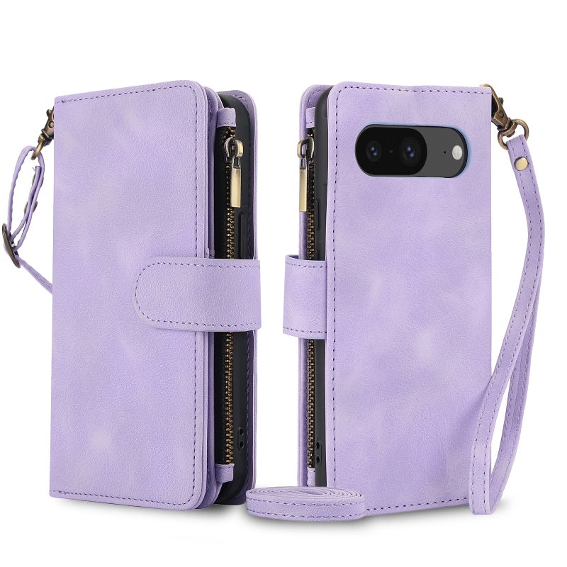 HuHa Case Cover For Google Pixel 8 Dream 9-Card Zipper Wallet RFID Leather Phone Case with Lanyard(Purple) - Image 1