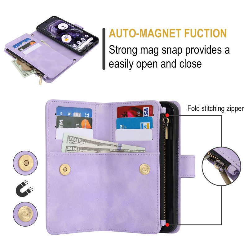 HuHa Case Cover For Google Pixel 8 Dream 9-Card Zipper Wallet RFID Leather Phone Case with Lanyard(Purple) - Image 5