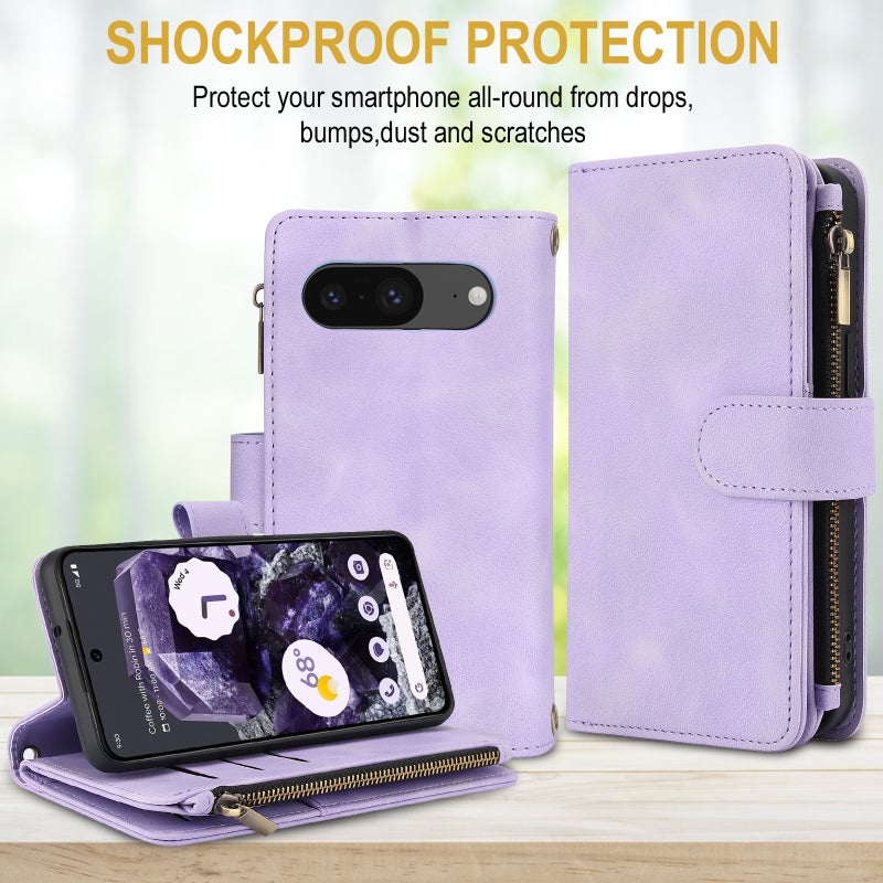 HuHa Case Cover For Google Pixel 8 Dream 9-Card Zipper Wallet RFID Leather Phone Case with Lanyard(Purple) - Image 2