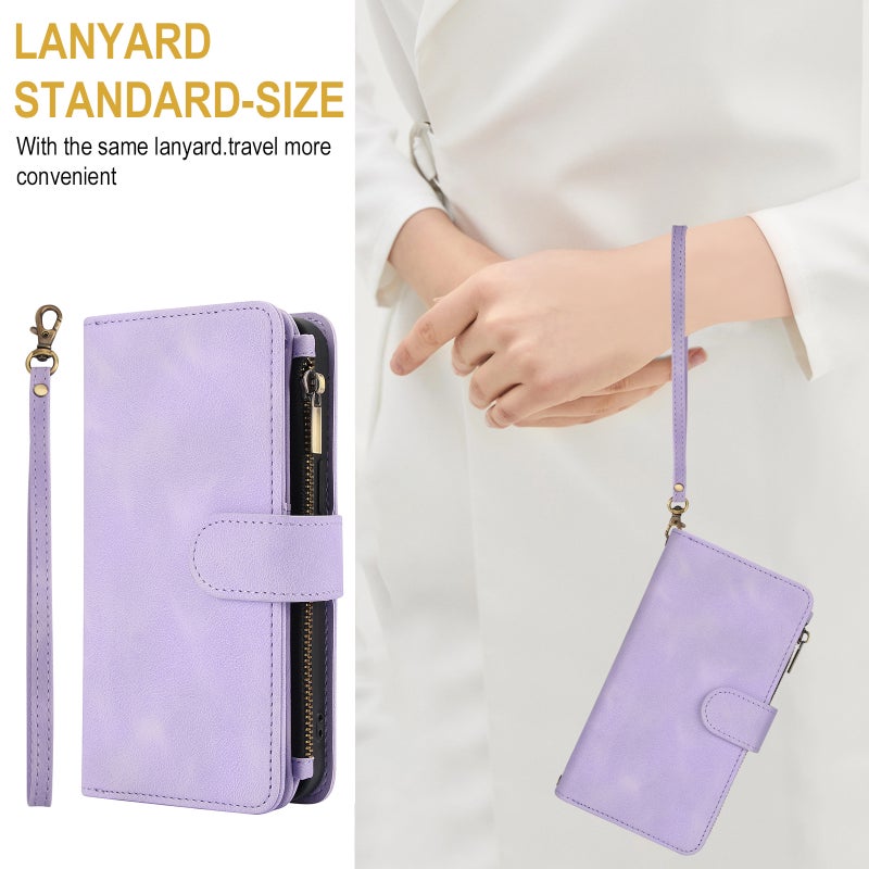 HuHa Case Cover For Google Pixel 8 Dream 9-Card Zipper Wallet RFID Leather Phone Case with Lanyard(Purple) - Image 3