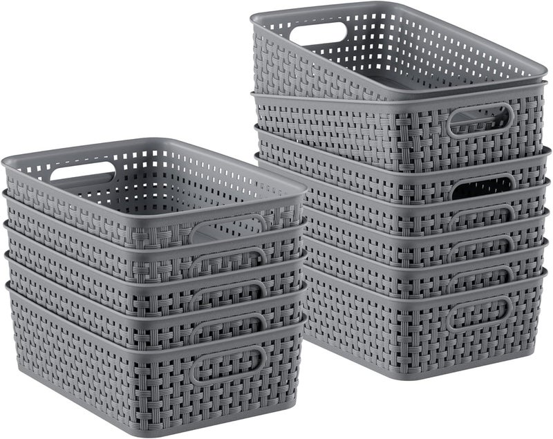 FUCDTEFC 12 Pack Plastic Storage Baskets, Small Baskets for Organizing, Plastic Storage Bins Wicker Pantry Organizer Bins Household Toys for Laundry Room, Bedrooms, Kitchens, Cabinets, Countertops - Image 1