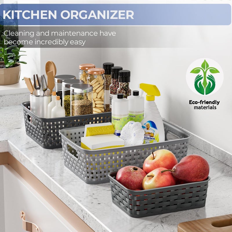FUCDTEFC 12 Pack Plastic Storage Baskets, Small Baskets for Organizing, Plastic Storage Bins Wicker Pantry Organizer Bins Household Toys for Laundry Room, Bedrooms, Kitchens, Cabinets, Countertops - Image 2
