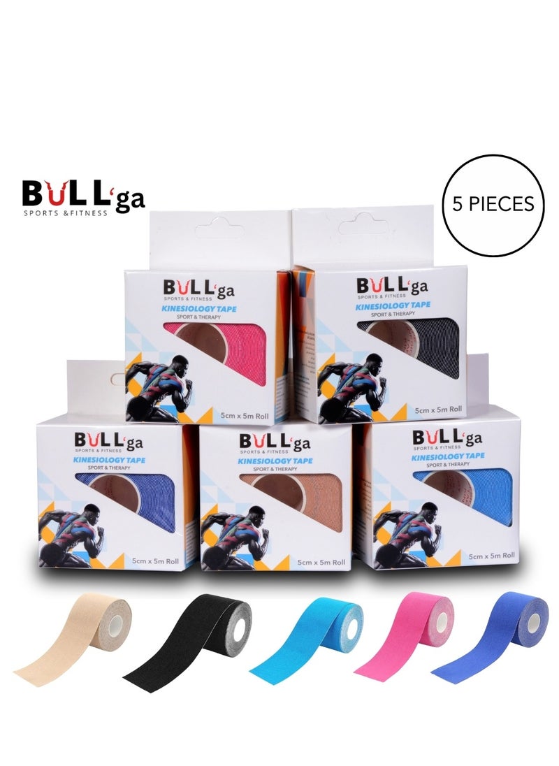 bullga - Bullga 5 Kinesio Kinesiology Tapes Sweat and Water Resistant with Strong Adhesion - Reduces Muscle Pain, Relieves Arthritis, Promotes Blood Flow - 5cm x 5m - Image 1