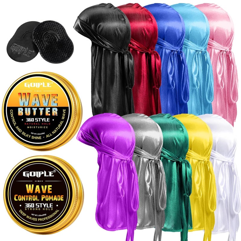 Goiple Silky Durags for Men Wave Pomade Strong Hold Easy Wash 360 Wave Training Hair Cream Wave Butter Waves Grease for Men Promotes Layered Waves Silky Satin Durag Extra Long Tails Wave Brush Wave Cap Set 