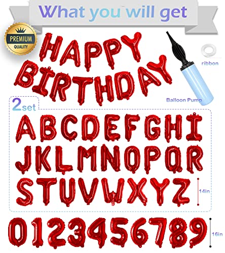 Awfrky 76pcs Happy Birthday Balloon Banner Red Balloons Letters Personalized 16 Mylar Foil Birthday Decorations includes 2 Sets A Z 1 set Number 09 and HAPPY BIRTHDAY letters with Balloon Pump - Image 5