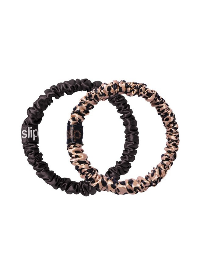 SLIP - slip Skinny Scrunchies: Elevate Your Hair Game with Anti-Crease, Anti-Breakage Design, Crafted from Slipsilk™, Cindy: 2 Pure Silk Skinny Scrunchies in Black & Rose Gold Leopard - Image 1