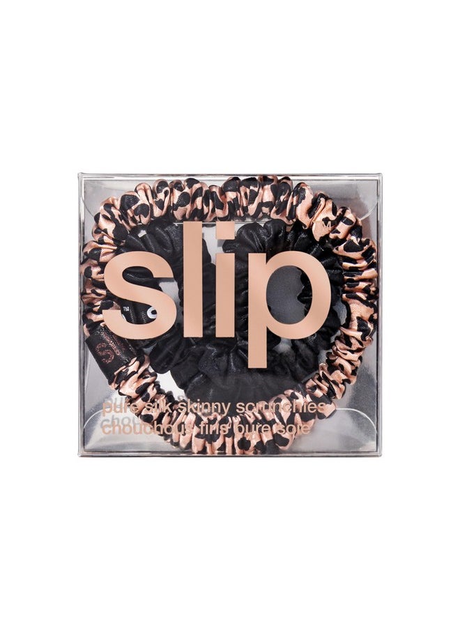 SLIP - slip Skinny Scrunchies: Elevate Your Hair Game with Anti-Crease, Anti-Breakage Design, Crafted from Slipsilk™, Cindy: 2 Pure Silk Skinny Scrunchies in Black & Rose Gold Leopard - Image 1