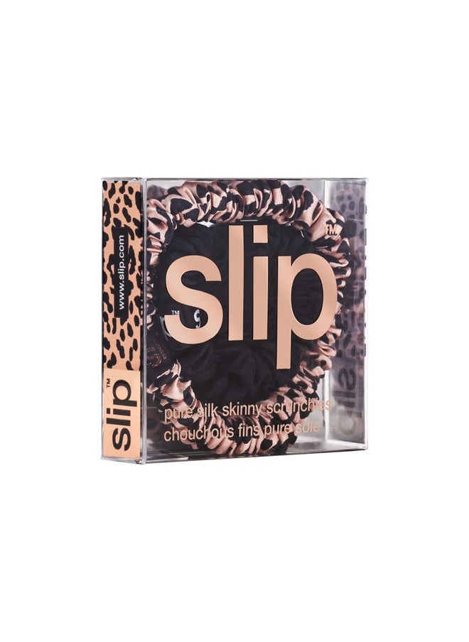 SLIP - slip Skinny Scrunchies: Elevate Your Hair Game with Anti-Crease, Anti-Breakage Design, Crafted from Slipsilk™, Cindy: 2 Pure Silk Skinny Scrunchies in Black & Rose Gold Leopard - Image 1