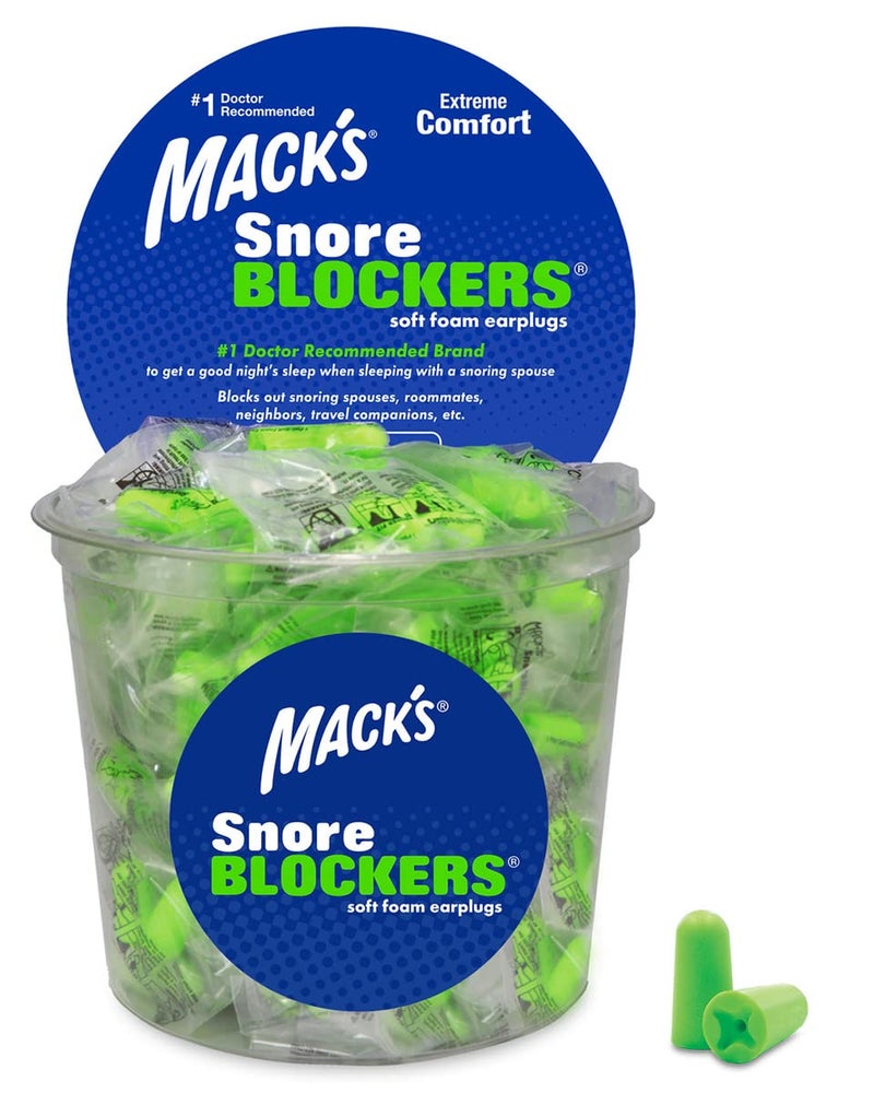 Snore Blockers Soft Foam Earplugs 100 Pair Tub Individually Wrapped 32 dB High NRR 37 dB SNR Comfortable Ear Plugs for Sleeping Snoring Loud Noise and Travel