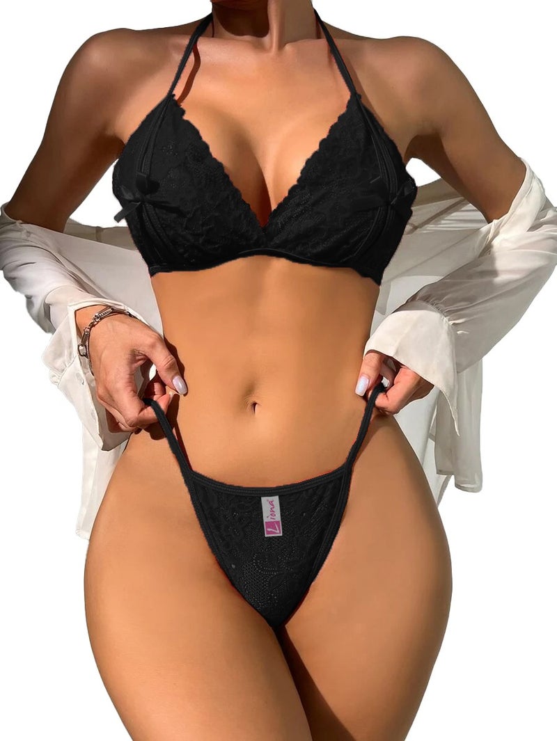 Liona Fantasy Bra Panties Black Bralette Underwear Set - Image 1