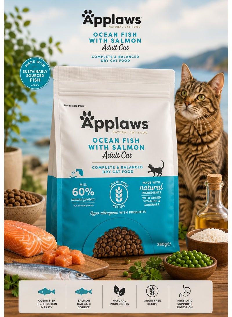 Ocean Fish with Salmon Adult Cat Dry Food 350g – Complete & Balanced Grain-Free Natural Cat Food with 60% Animal Protein, Omega-3, Prebiotics, Vitamins, and Minerals