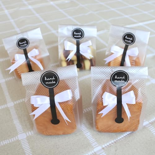 Searik Cookie Bags for Packaging, Searik Translucent Plastic Cellophane Pastry Treat Bags for Party Gift Giving Bakery Bread Candy Chocolate Wrapping Goods with Stickers and Ribbon (3.5 x 8.8 Inches, 80 Pcs) - Image 1