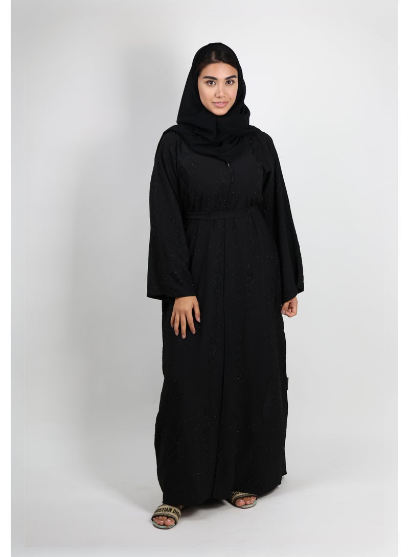JAMEELA Black Geometric Embellished Abaya with Floral Thread Embroidery - Image 1