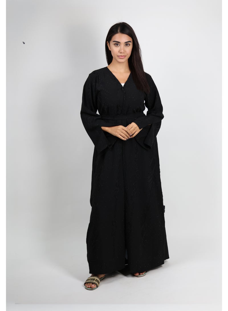 JAMEELA Black Geometric Embellished Abaya with Floral Thread Embroidery - Image 2