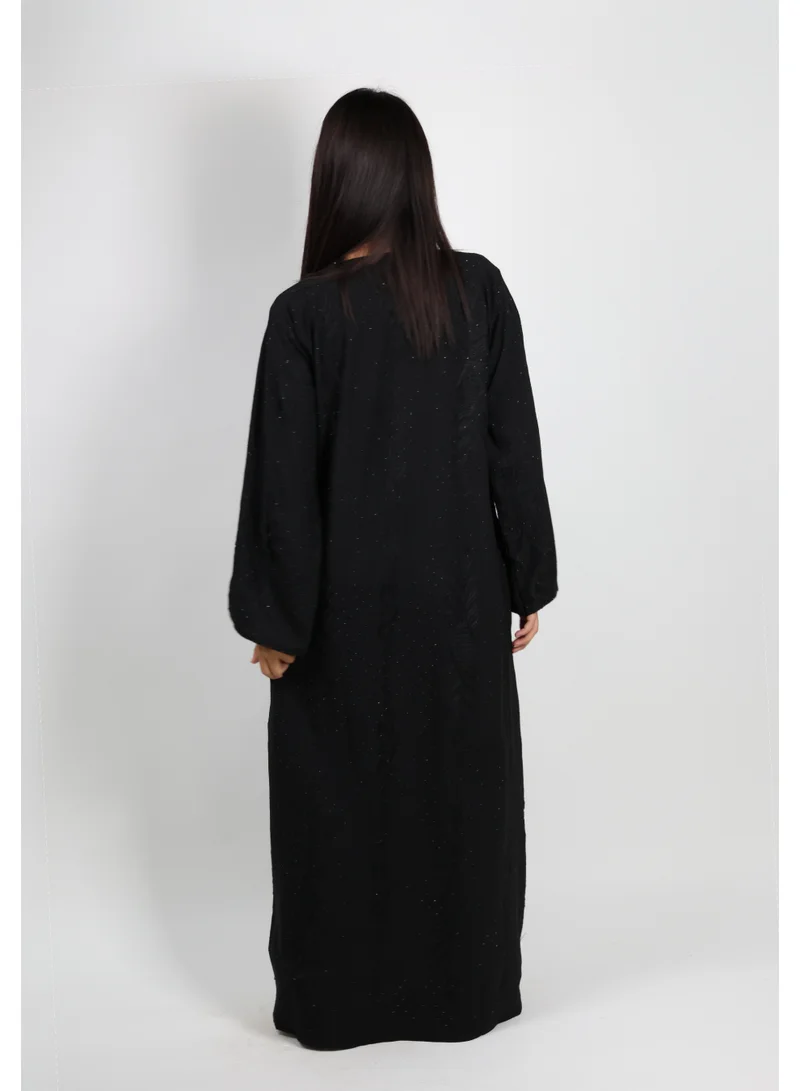 JAMEELA  Black Geometric Embellished Abaya with Floral Thread Embroidery for Women | Best Price UAE