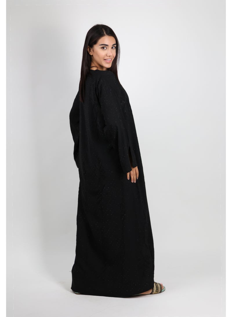 JAMEELA Black Geometric Embellished Abaya with Floral Thread Embroidery - Image 3