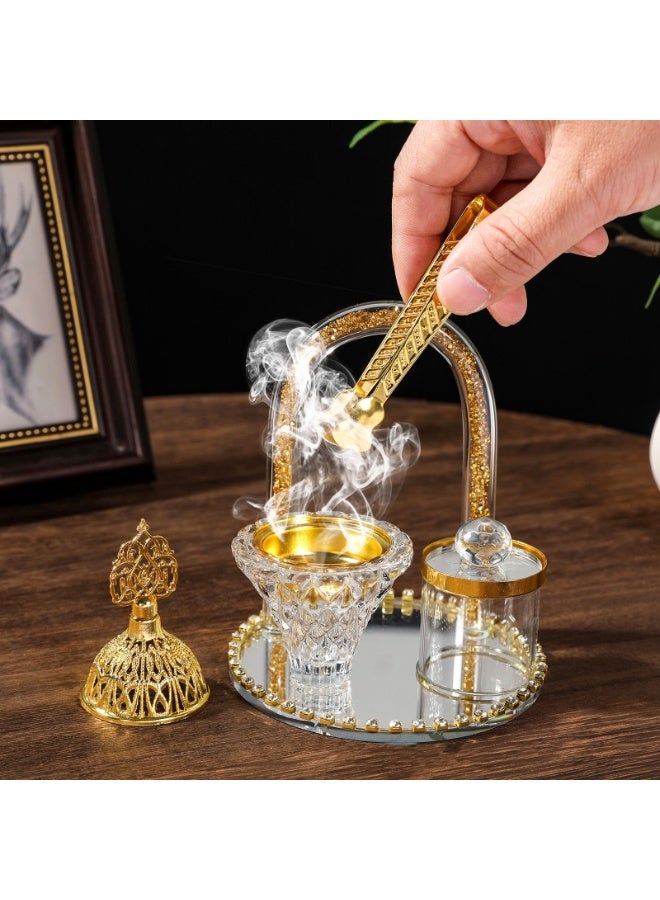 مجموعة مبخر البخور من الزجاج الكريستال الفاخر مع زخارف ذهبية، مجموعة العلاج بالروائح بالنمط الشرق أوسطي مع صينية وملعقة - Image 2