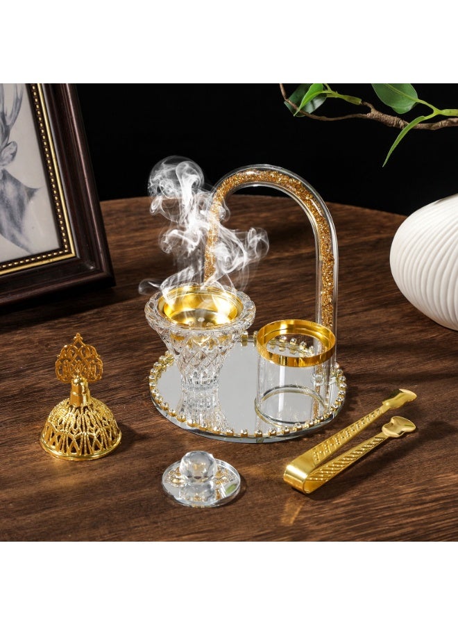 مجموعة مبخر البخور من الزجاج الكريستال الفاخر مع زخارف ذهبية، مجموعة العلاج بالروائح بالنمط الشرق أوسطي مع صينية وملعقة - Image 4