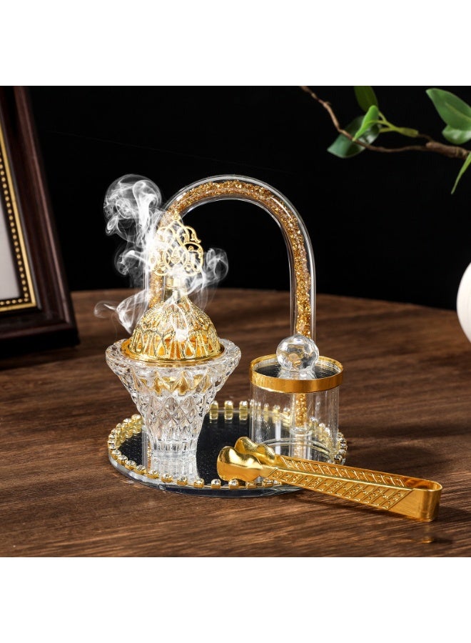 مجموعة مبخر البخور من الزجاج الكريستال الفاخر مع زخارف ذهبية، مجموعة العلاج بالروائح بالنمط الشرق أوسطي مع صينية وملعقة - Image 1