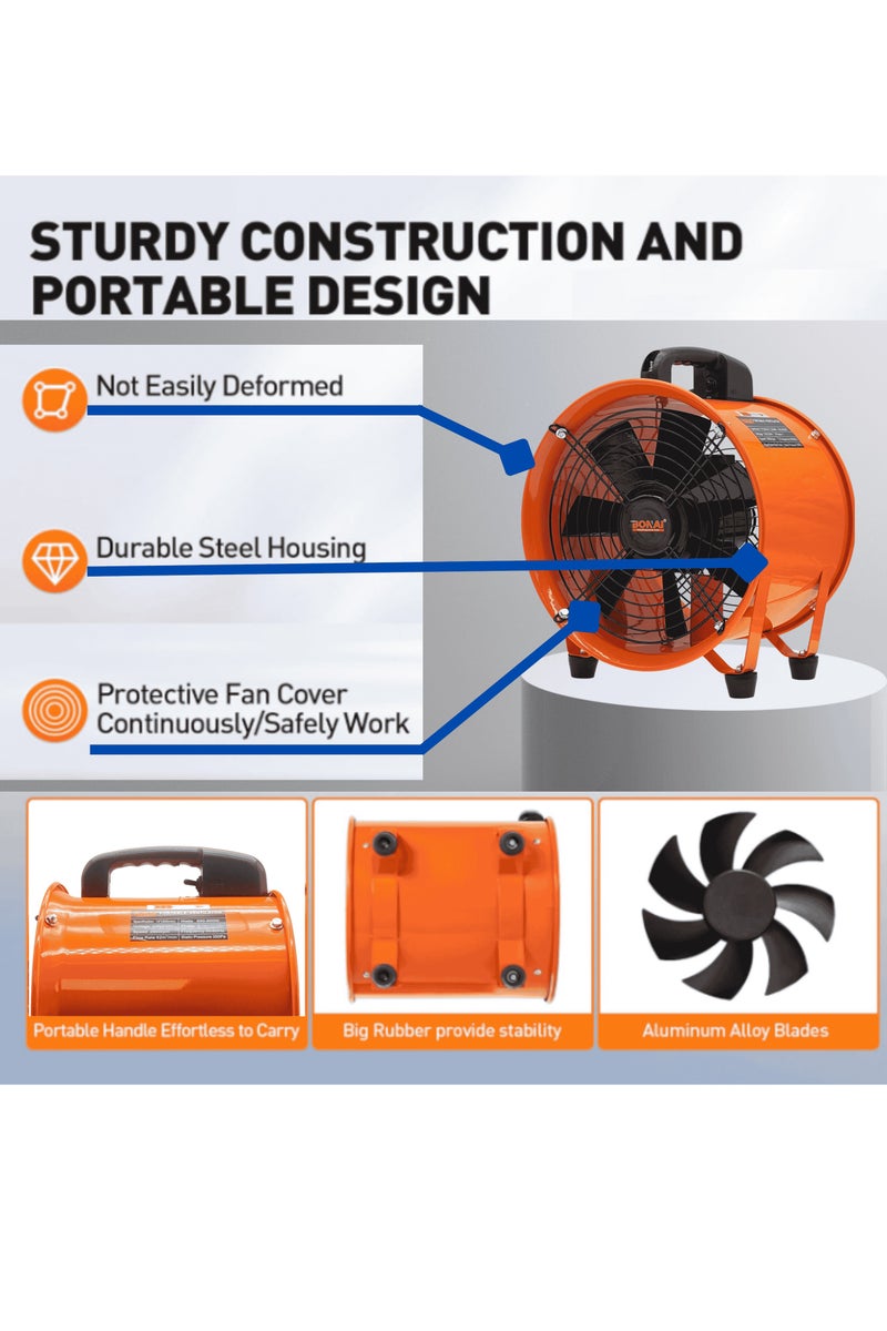 بوناي مروحة تهوية صناعية محمولة مقاس 16 بوصة (400 مم) - سرعة عالية 1100-1500 واط، تدفق هواء 128 متر مكعب/دقيقة، ضغط ثابت 450 باسكال، 2900 دورة في الدقيقة، مناسبة لورش العمل الشاقة، للاستخدام في البناء والتهوية، موديل BN-HK53 - Image 4