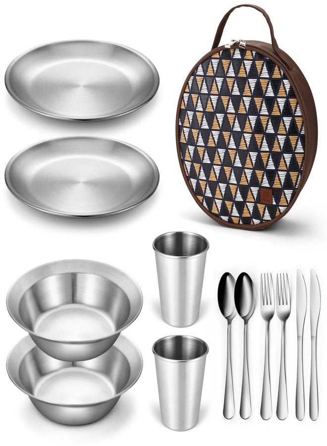 Odoland Camping Messware Kit, Stainless Steel Camping dinnerware, Camping Cooking Tableware, Camping Cutlery Organizer Utensil with Plates and Bowls Set for Backpacking, Hiking, Picnic. - Image 1