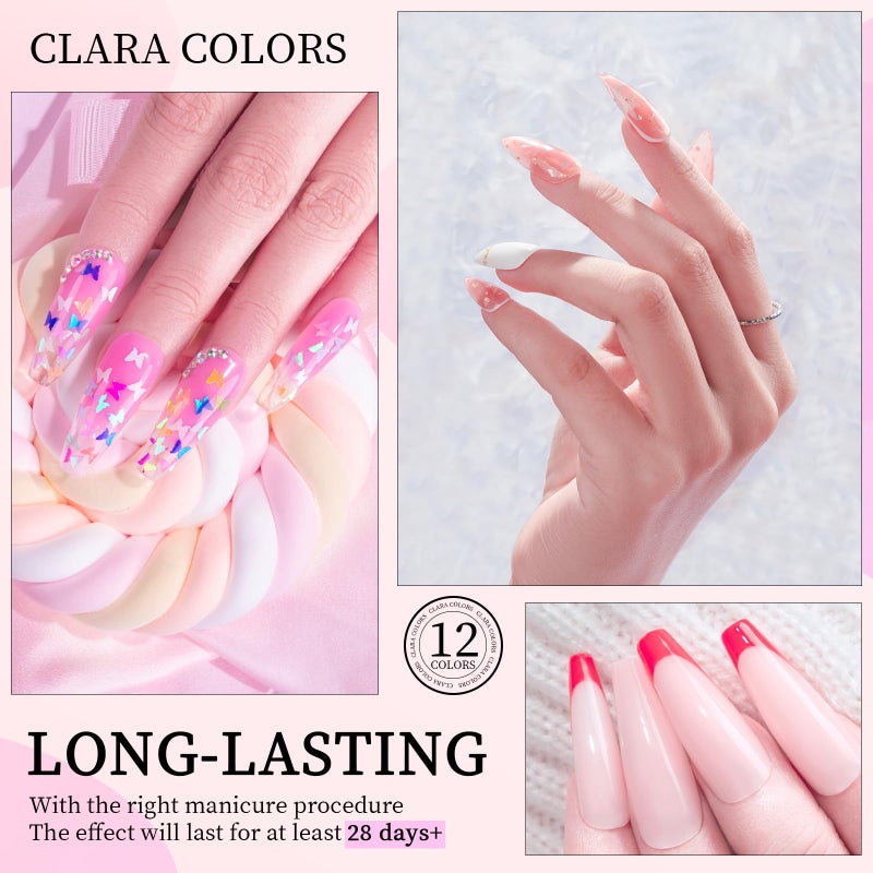 Clara Colors مجموعة أظافر بولي جل كلارا كولورز، 12 لون جل شفاف وردي نود، مجموعة جل تمديد بولي مع مصباح UV بقوة 48 واط، مجموعة أدوات أظافر بولي جل شاملة للمبتدئين مع محلول انزلاقي وأدوات لفن الأظافر DIY - Image 4