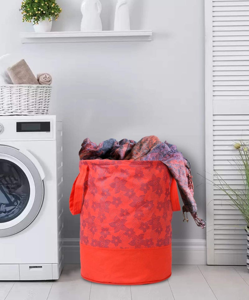 Kuber Industries Heart Home Metalic Flower Print Round Non Woven Fabric Foldable Laundry Organiser with Handles, 45 LTR (Set of 2, Red)-HEART12056, Standard - Image 5