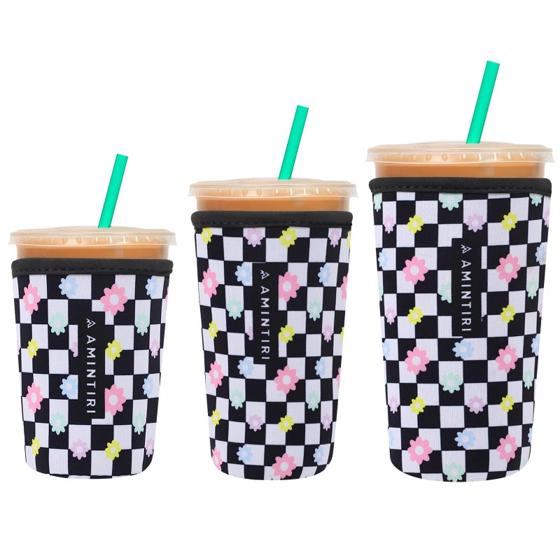 Amintiri 3 Pack Reusable Sleeve for Iced Coffee Cup  Coffee Neoprene Sleeve for Iced&Hot Drinks  Coffee Sleeve Compatible with Starbucks  Dunkin Coffee Cup. (Checkerboard&Daisy) - Image 1