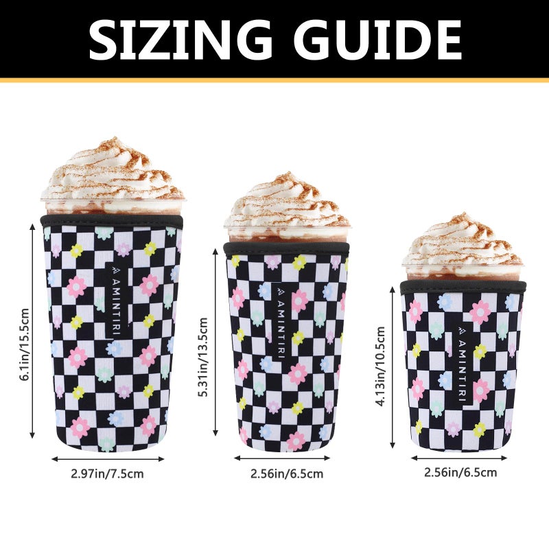 Amintiri 3 Pack Reusable Sleeve for Iced Coffee Cup  Coffee Neoprene Sleeve for Iced&Hot Drinks  Coffee Sleeve Compatible with Starbucks  Dunkin Coffee Cup. (Checkerboard&Daisy) - Image 2