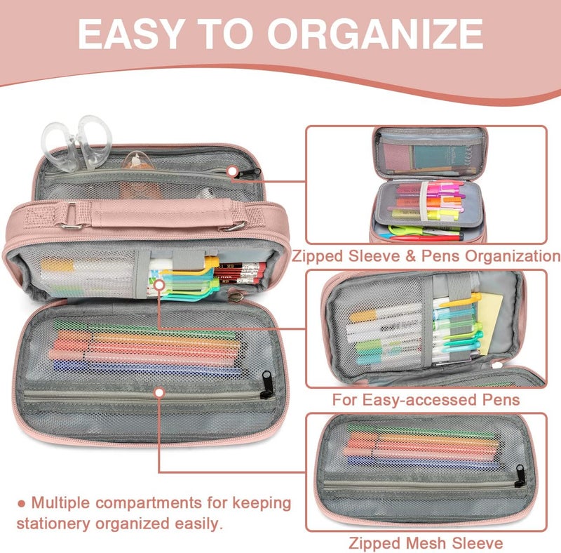 VASCHY Pencil Case, Large Pencil Pouch with Compartments for Middle School,Work,Office Pen Organizer Holder School Supply Pink - Image 3
