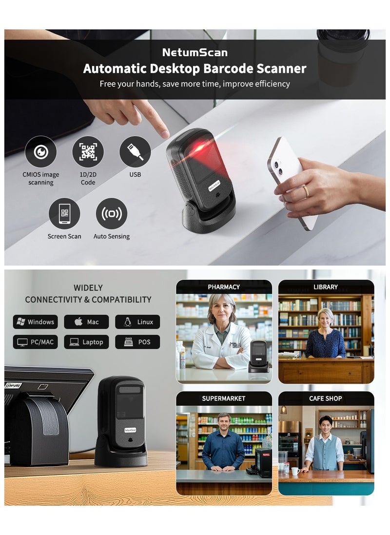 Automatic Barcode Scanner USB Wired - Hands-Free Desktop 1D/2D/QR Barcode Reader with 1M CMOS Sensor, Omnidirectional Scanning for Retail Store, Warehouse, Supermarket, Library, POS System