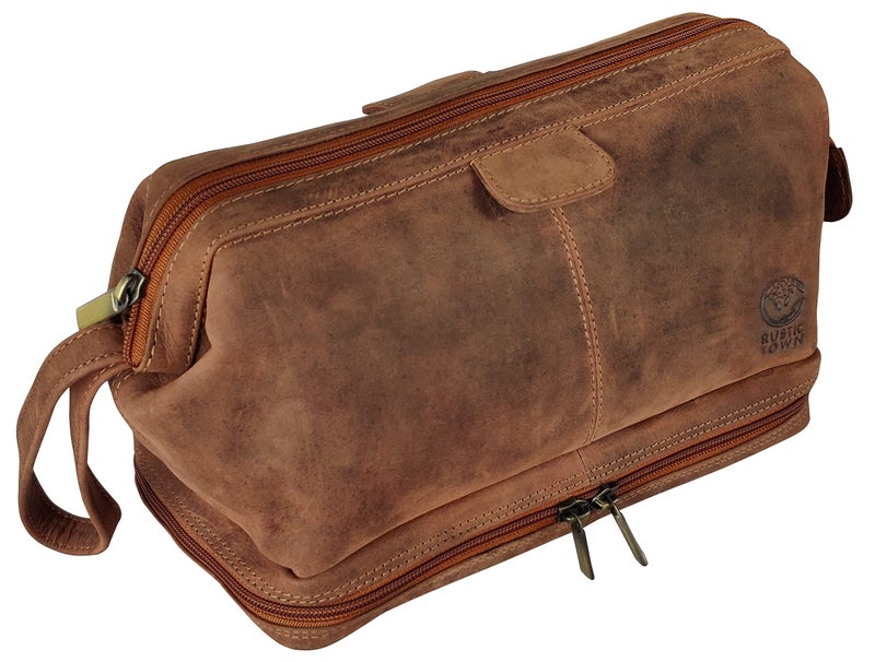 RUSTIC TOWN Leather Toiletry Bag for Men - Travel Gift Shaving Ditty Kit - Bathroom Shower Toiletries Organizer - Cosmetic Makeup Bag for Women - Image 1