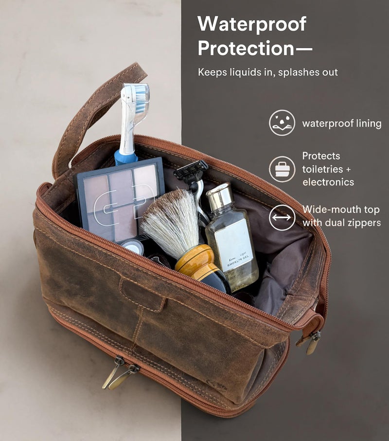 RUSTIC TOWN Leather Toiletry Bag for Men - Travel Gift Shaving Ditty Kit - Bathroom Shower Toiletries Organizer - Cosmetic Makeup Bag for Women - Image 4