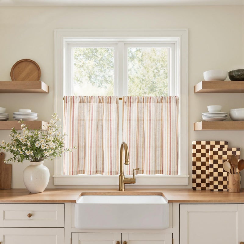jinchan Colorful Striped Linen Kitchen Curtains 24 Inch Tier Curtains Farmhouse Modern Cafe Small Window Treatments Light Filtering Rod Pocket for Living Room Bathroom 2 Panels Multi Red - Image 1